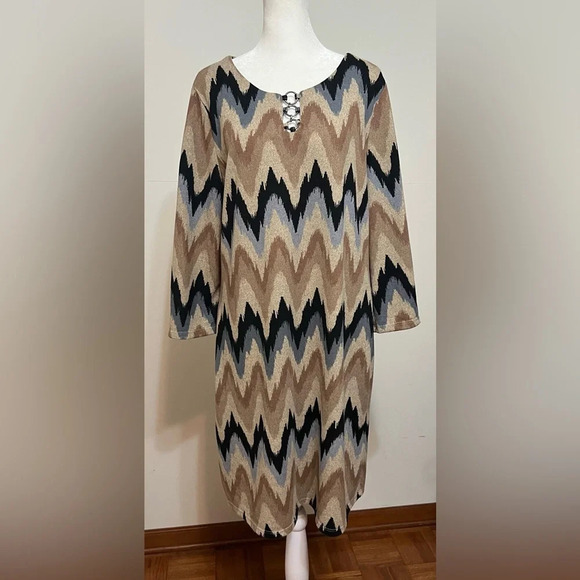 TACERA Women’s Earthy Tone Aztec Chevron 3/4 Sleeve Dress Large - Picture 3 of 14